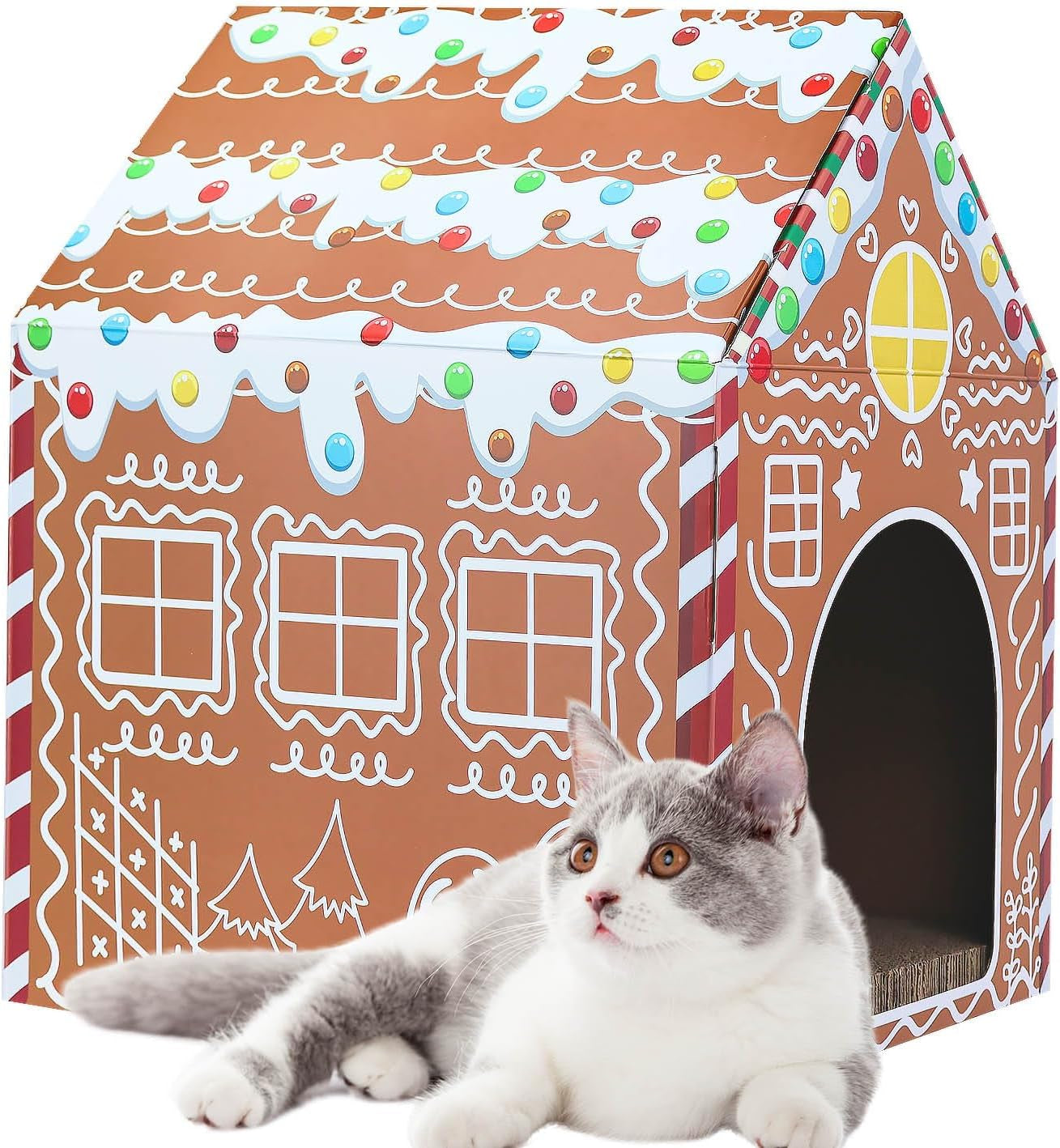 Christmas Gingerbread Cat House 16.5"X 13"X19" Christmas Cardboard Cat Scratcher House with Scratching Pad for Indoor Cats Kittens Large Cat Playhouse
