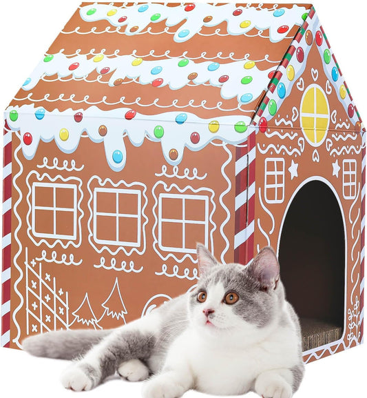 Christmas Gingerbread Cat House 16.5"X 13"X19" Christmas Cardboard Cat Scratcher House with Scratching Pad for Indoor Cats Kittens Large Cat Playhouse