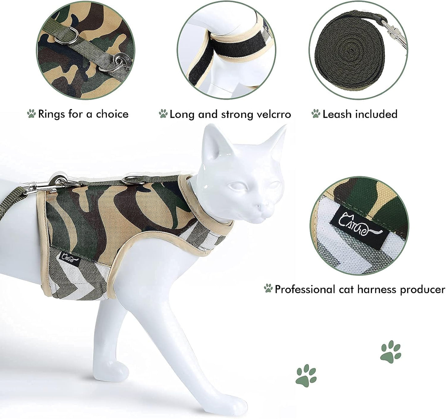 Cat Harness and Leash Set, Camo Green, X-Small | Escape Proof, Vest Style, Adjustable, Soft, Lightweight, Bulk-Free
