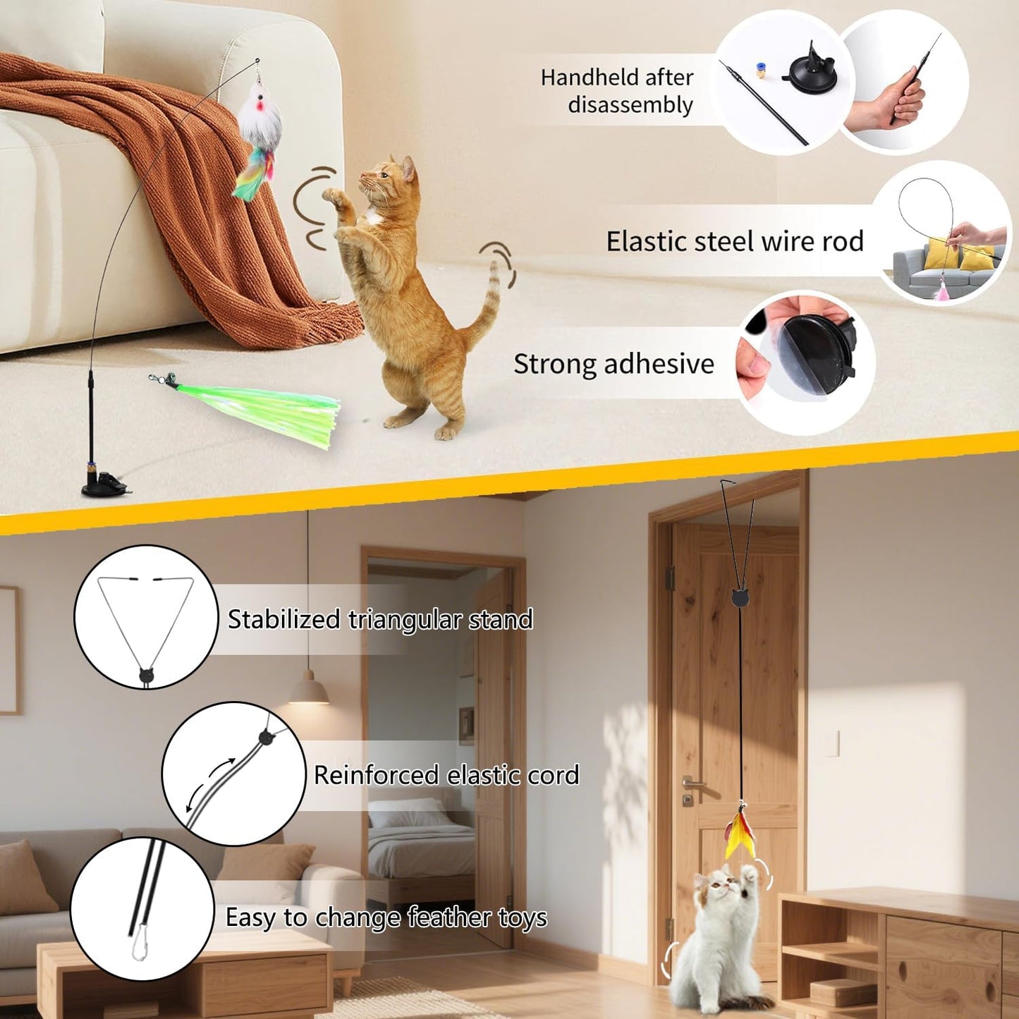 Suction Cup Cat Toy for Indoor Cats | 4-In-1 Interactive Cat Feather Toys, Fishing Pole, Suction Cup, Door Hanging Cat Toy