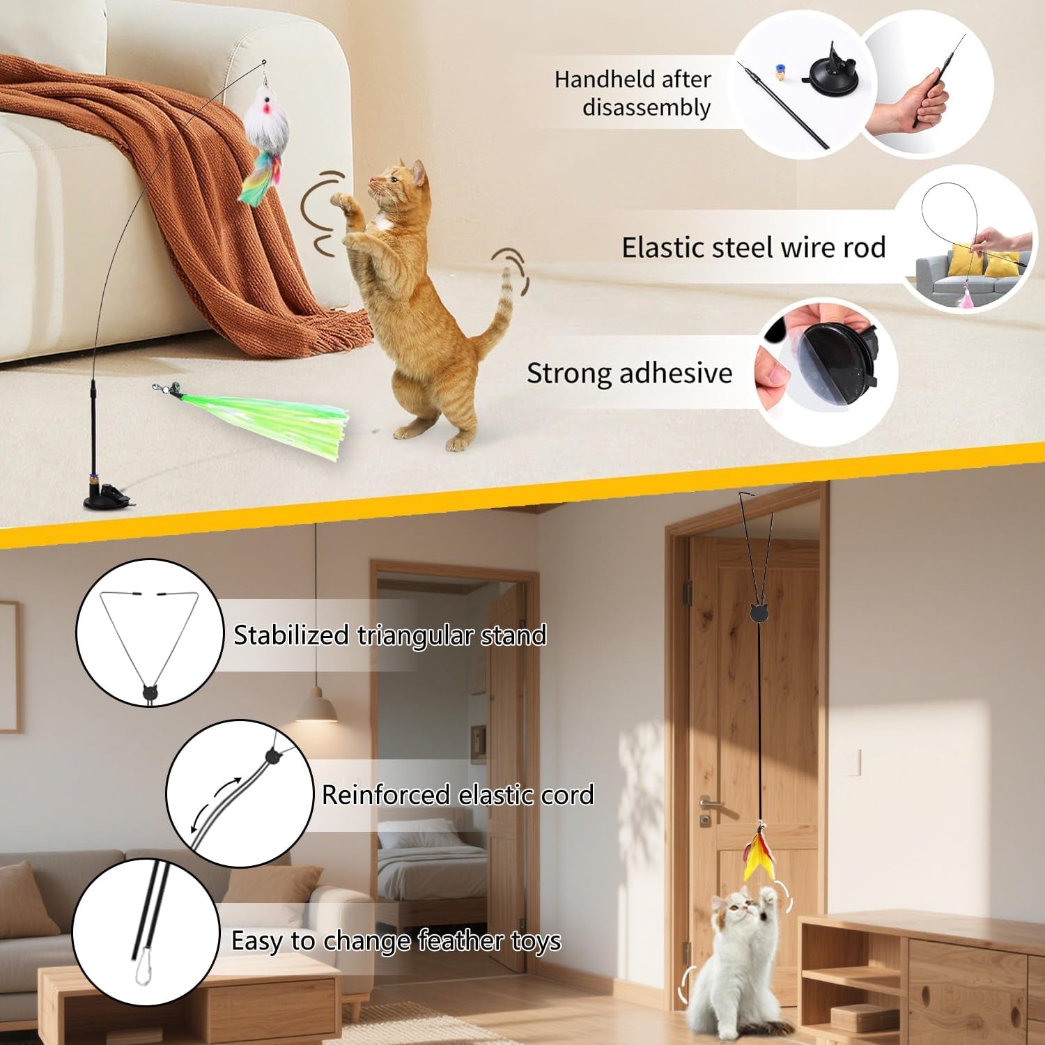 Suction Cup Cat Toy for Indoor Cats | 4-In-1 Interactive Cat Feather Toys, Fishing Pole, Suction Cup, Door Hanging Cat Toy