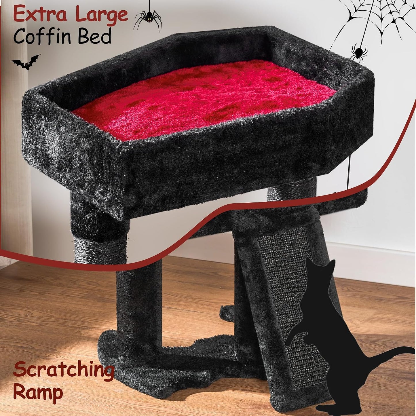 Cat Tree Tower for Indoor Cats, Gothic Cat Trees with Coffin Bed | Goth Cat Tree/Condo/House with Scratching Posts, Cat Shelves with Spider Toy, Pet Play Activity Center Black with Red MMJ95R