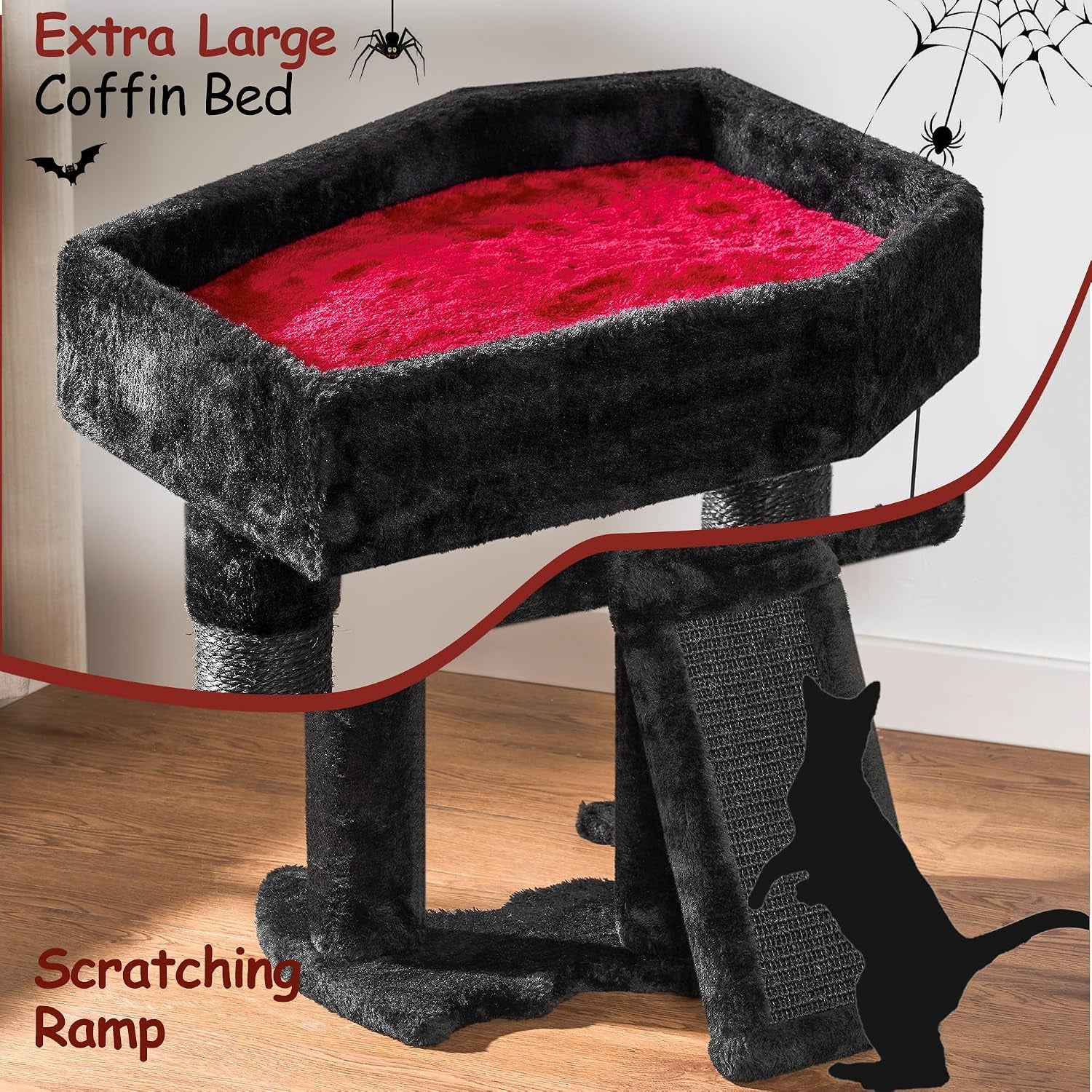 Cat Tree Tower for Indoor Cats, Gothic Cat Trees with Coffin Bed | Goth Cat Tree/Condo/House with Scratching Posts, Cat Shelves with Spider Toy, Pet Play Activity Center Black with Red MMJ95R
