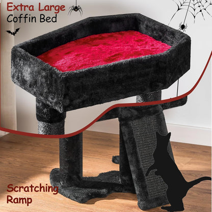 Cat Tree Tower for Indoor Cats, Gothic Cat Trees with Coffin Bed | Goth Cat Tree/Condo/House with Scratching Posts, Cat Shelves with Spider Toy, Pet Play Activity Center Black with Red MMJ95R