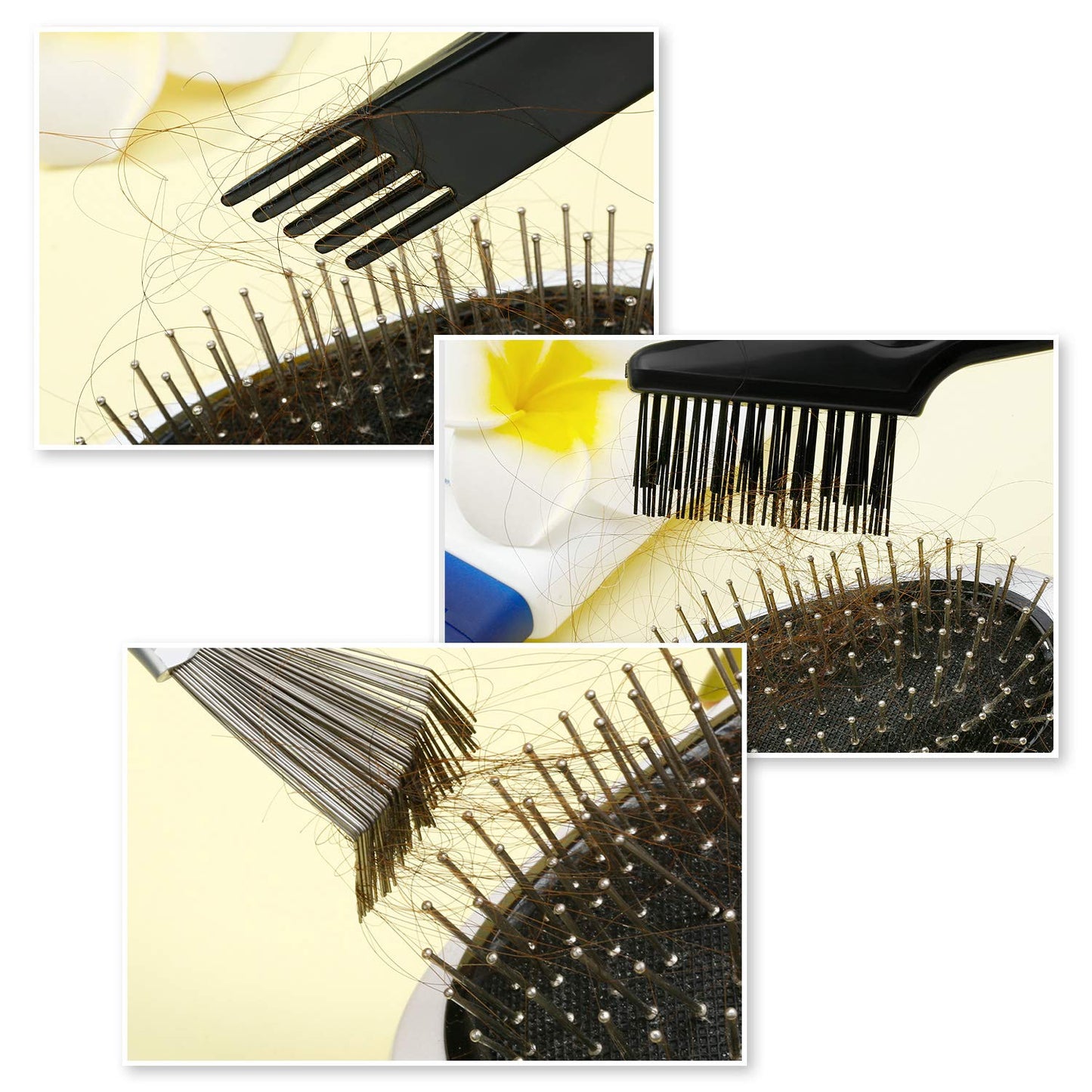 2 Pack Hair Brush Cleaning Tool,2-In-1 Comb Rake and Brush Cleaner for Removing Hair,Dust and Buildup,Mini Hairbrush Accessory for Home&Salon(Black, Wood Color,Polished Wooden Handle Rake)