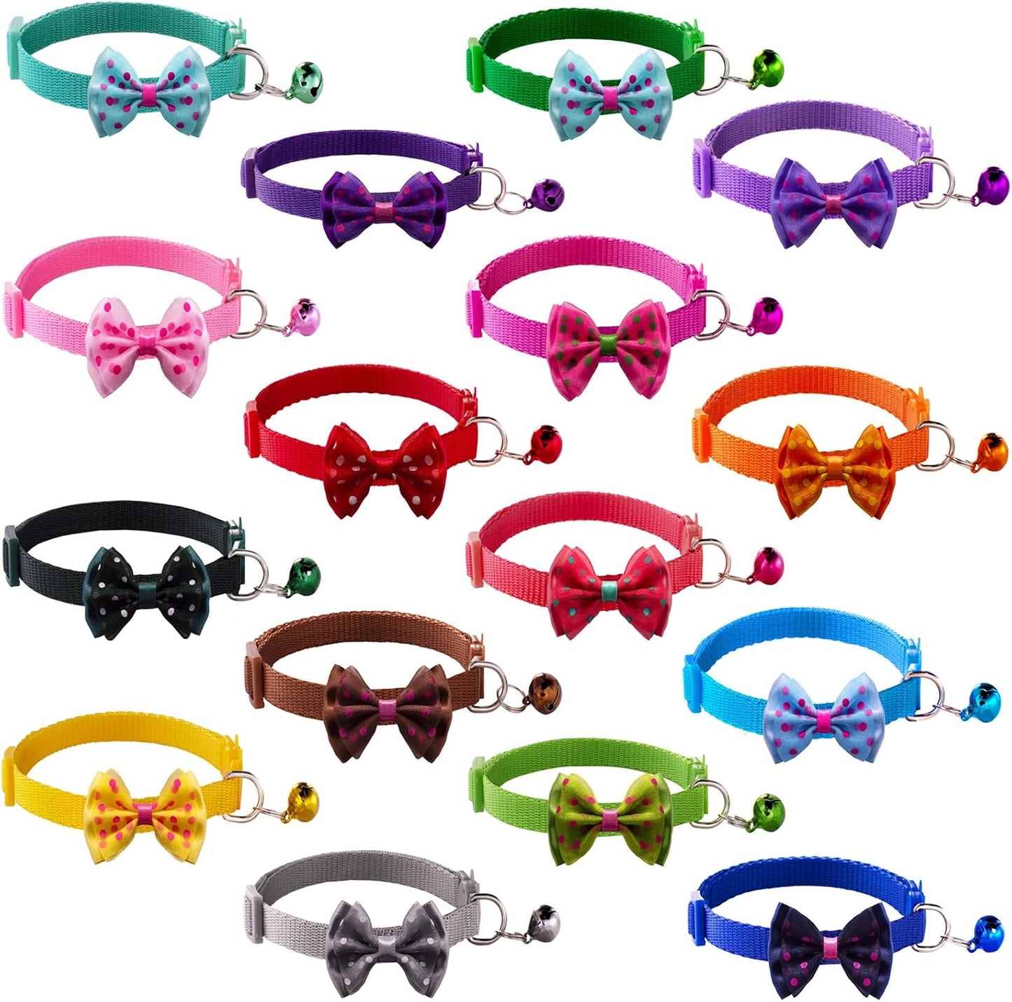 16 PCS Cute Cat Collars with Bells - Breakaway Collars for Girls & Small Kittens - Pink, Bowtie Design - Kitten Supplies