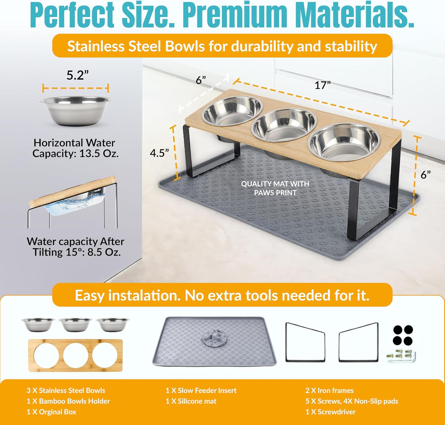 3 Bowl Elevated Cat Feeding Station-Raised Cat Food Bowls & Cat Bowls Elevated-15° Tilted Cat Food Bowls with anti Slip Mat & Cat Slow Feeder Included–Anti-Vomiting Raised Slow Feeder Cat Bowl