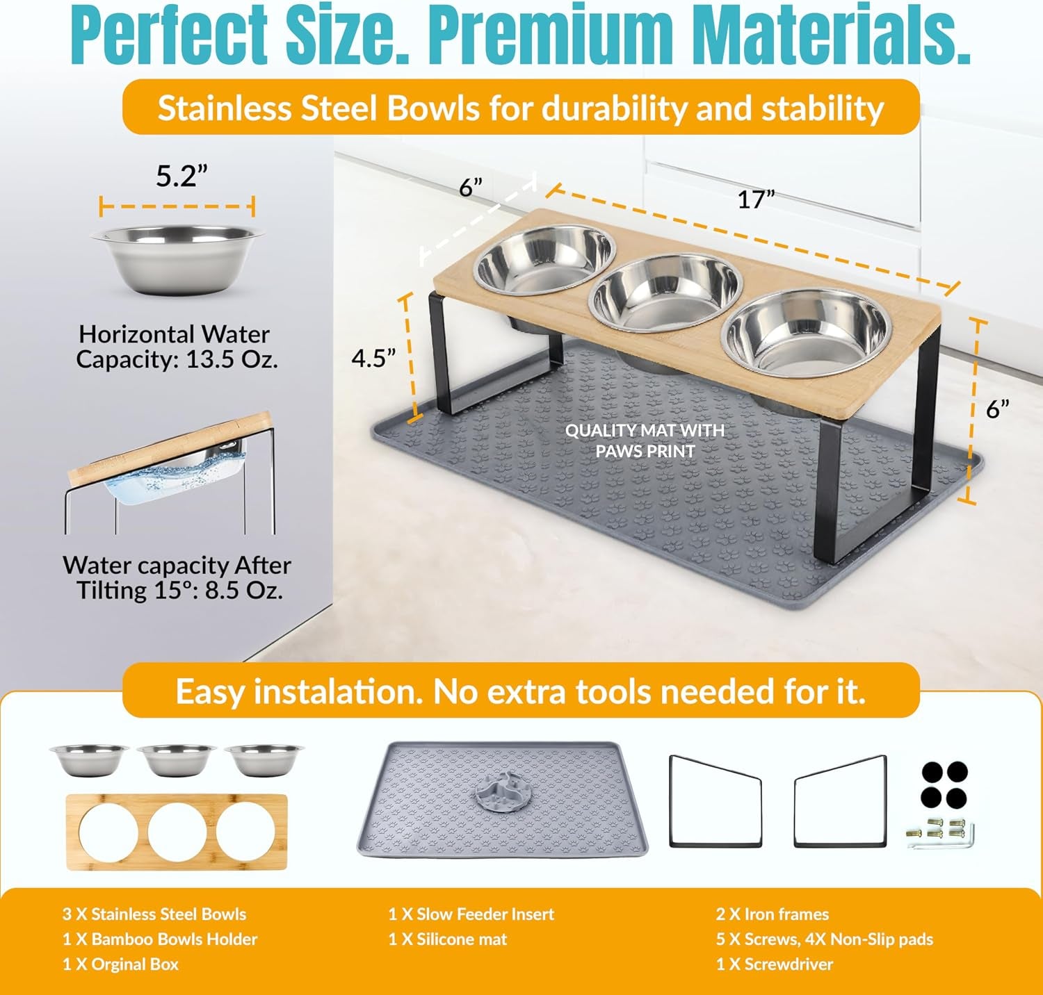 3 Bowl Elevated Cat Feeding Station-Raised Cat Food Bowls & Cat Bowls Elevated-15° Tilted Cat Food Bowls with anti Slip Mat & Cat Slow Feeder Included–Anti-Vomiting Raised Slow Feeder Cat Bowl