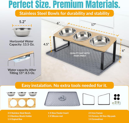 3 Bowl Elevated Cat Feeding Station-Raised Cat Food Bowls & Cat Bowls Elevated-15° Tilted Cat Food Bowls with anti Slip Mat & Cat Slow Feeder Included–Anti-Vomiting Raised Slow Feeder Cat Bowl