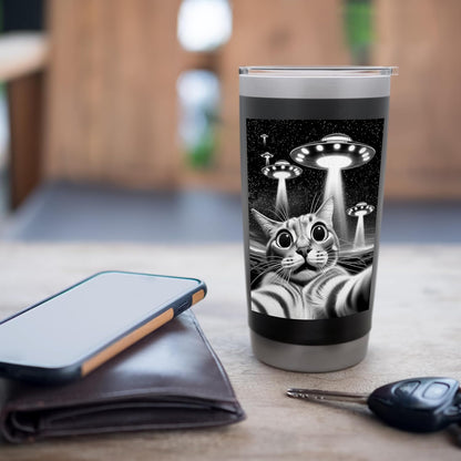 Cat UFO | Funny Invasion Meme Retro Alien Cat UFO Selfie Stainless Steel Insulated Tumbler