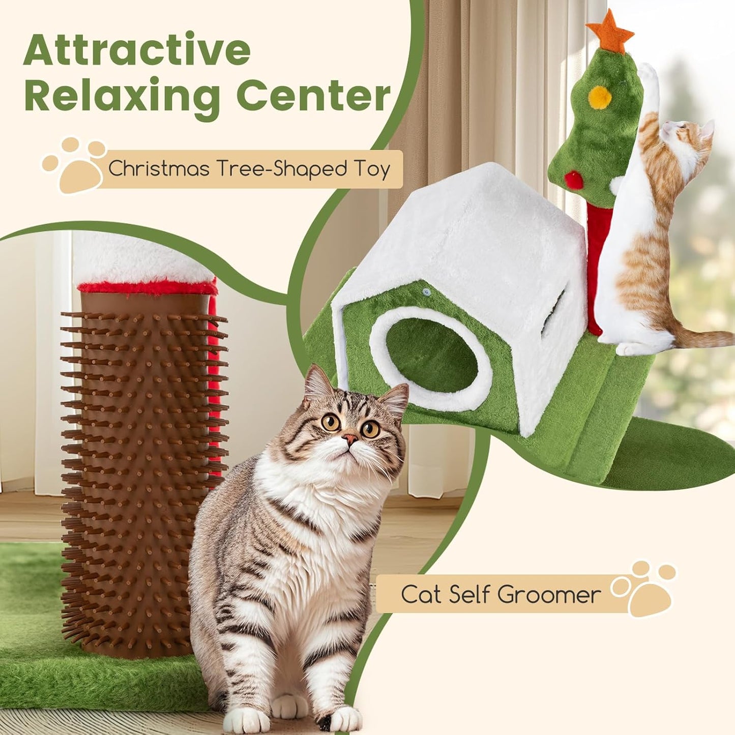 58 Inch Cat Christmas Tree, Multi-Level Cat Tower with 3 Cat Condos, Cat Self Groomer, Side Basket, Faux Christmas Tree, and Anti-Tipping Kit, Christmas-Themed Cat Tree for Indoor Cats