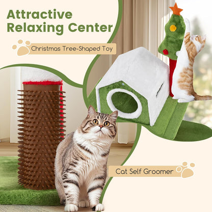 58 Inch Cat Christmas Tree, Multi-Level Cat Tower with 3 Cat Condos, Cat Self Groomer, Side Basket, Faux Christmas Tree, and Anti-Tipping Kit, Christmas-Themed Cat Tree for Indoor Cats
