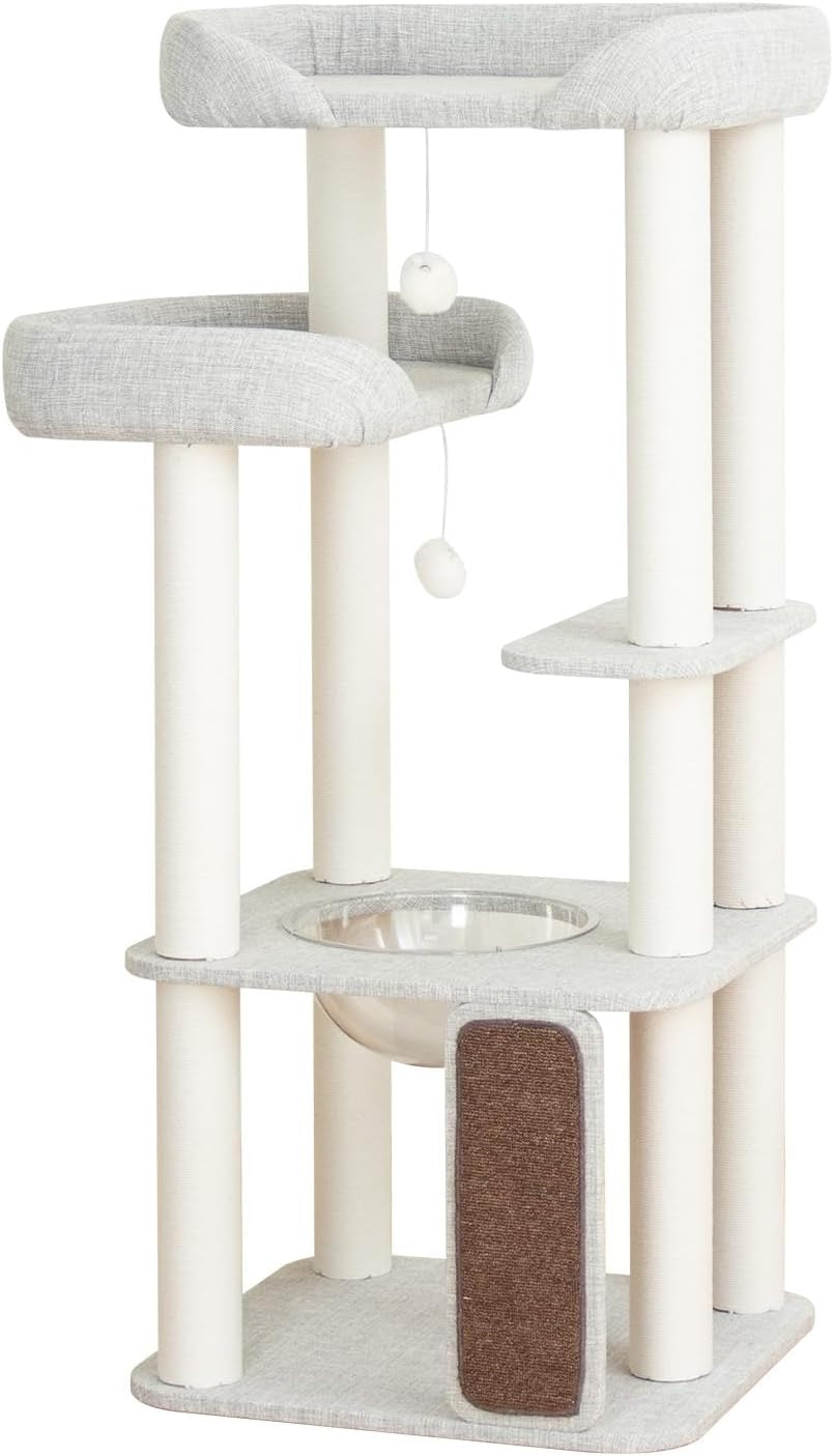 Mordern Cat Tree Tower 53'', Freestanding, Cushioned Bed, Large Base, for Multiple Cats, Compact,Winter and Summer Use, Summer Mat Included, for Large Cats (Light Gray 135Cm)