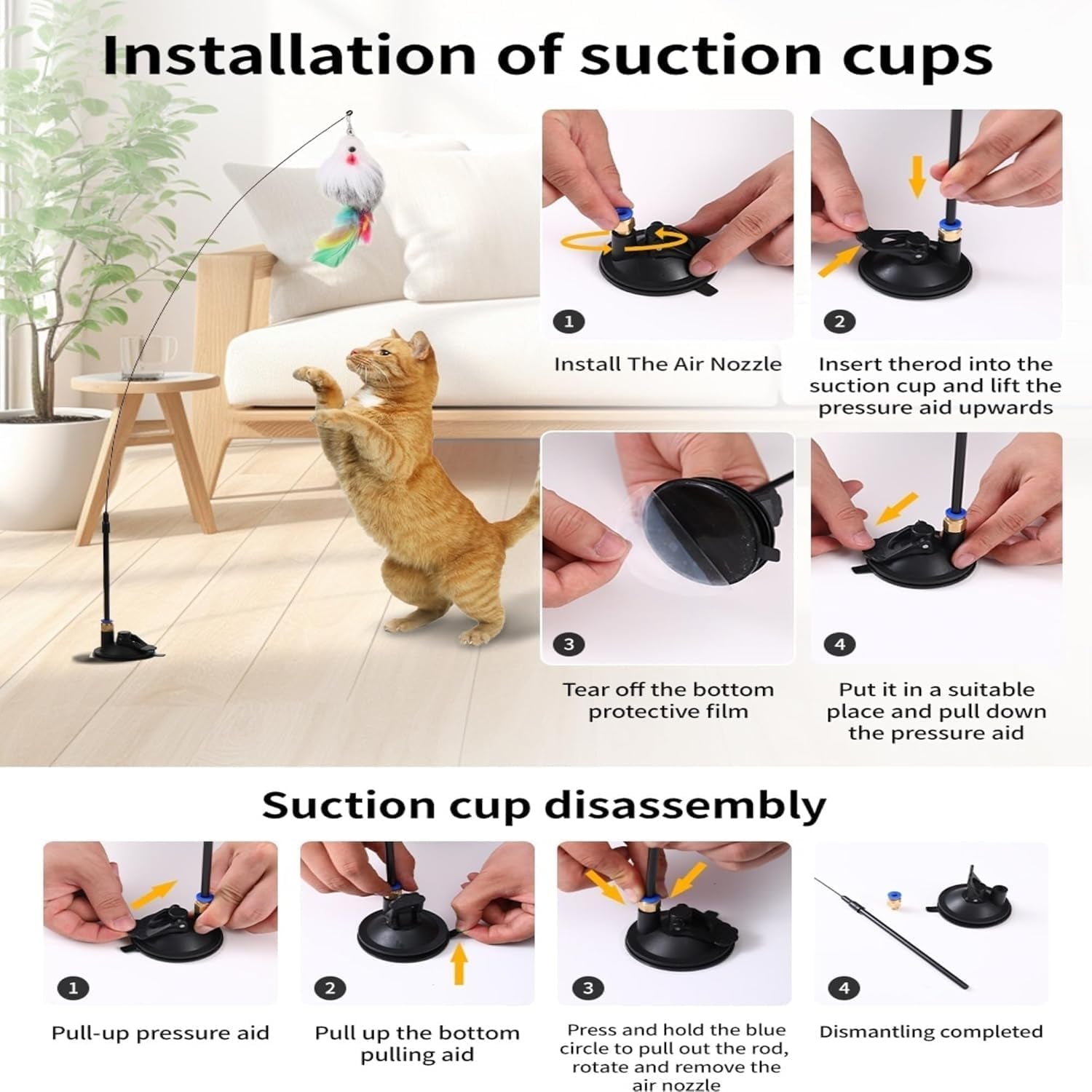 Suction Cup Cat Toy for Indoor Cats | 4-In-1 Interactive Cat Feather Toys, Fishing Pole, Suction Cup, Door Hanging Cat Toy