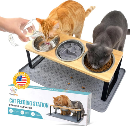 3 Bowl Elevated Cat Feeding Station-Raised Cat Food Bowls & Cat Bowls Elevated-15° Tilted Cat Food Bowls with anti Slip Mat & Cat Slow Feeder Included–Anti-Vomiting Raised Slow Feeder Cat Bowl