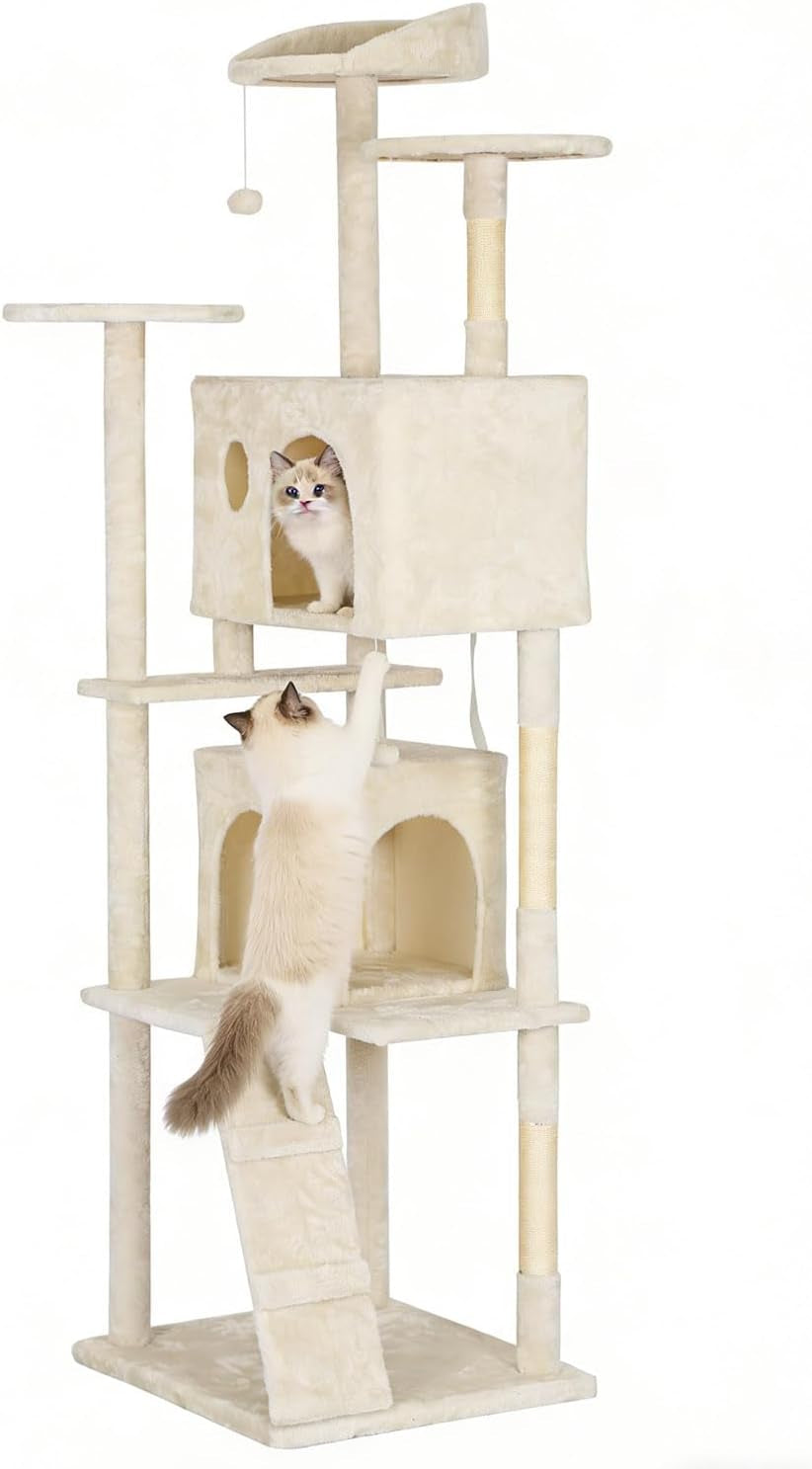 | 81" Cat Tree Tower | Cream | Sturdy, Easy to Assemble, Multi-Level Activity Center with Sisal Scratching Posts, Condos, Perches, Hanging Cat Toys, Observation Decks & Ladder