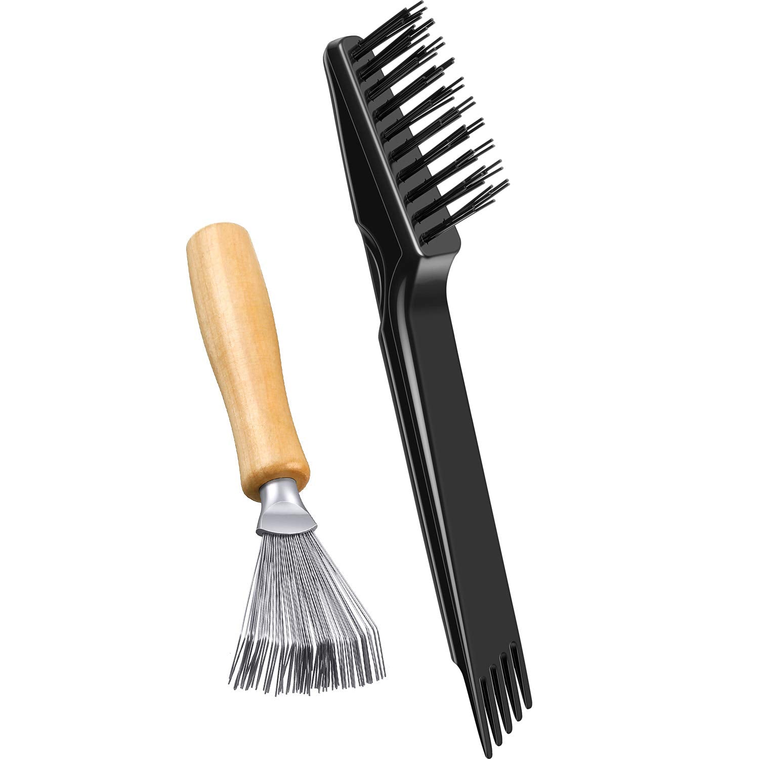 2 Pack Hair Brush Cleaning Tool,2-In-1 Comb Rake and Brush Cleaner for Removing Hair,Dust and Buildup,Mini Hairbrush Accessory for Home&Salon(Black, Wood Color,Polished Wooden Handle Rake)
