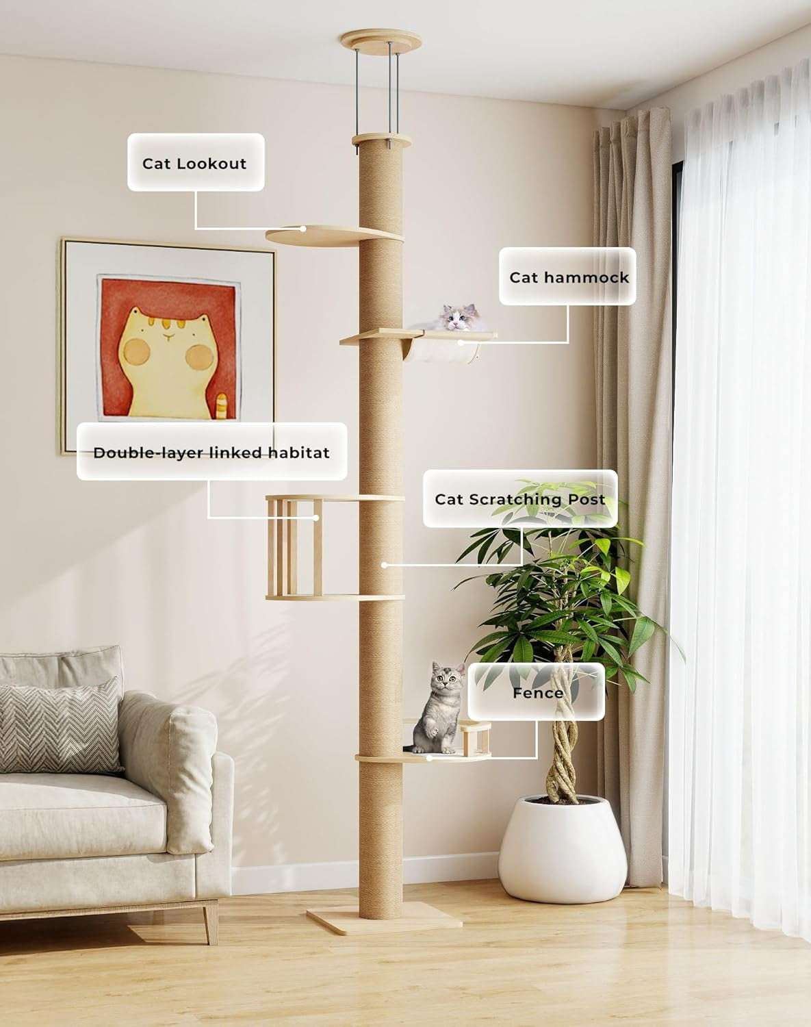 Floor-To-Ceiling Cat Tree, Tension Mount Tower W/Sisal Posts | Sturdy Space-Saving Vertical Cat Tower, Multi-Level Perches for Large Cats, Fits Small Apartments & Multi-Cat Homes