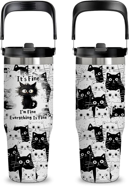 Gift for Cat Lovers - 30Oz Cat Mug with Handle & Flip Straw, Animal -Themed Tumbler for Pet Lovers, Leakproof Travel Cup for Women, Office & Home Use - Insulated Stainless Steel Tumbler Gift