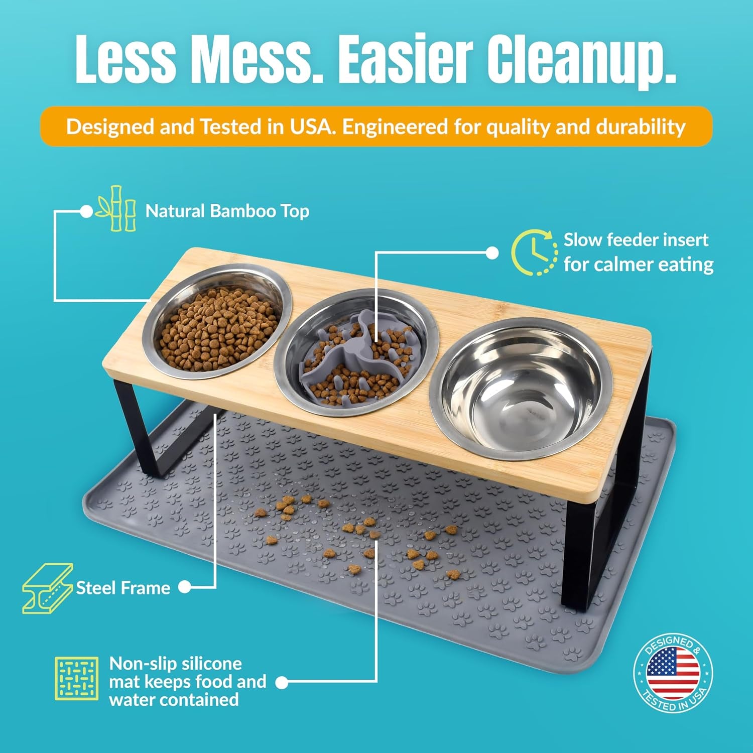 3 Bowl Elevated Cat Feeding Station-Raised Cat Food Bowls & Cat Bowls Elevated-15° Tilted Cat Food Bowls with anti Slip Mat & Cat Slow Feeder Included–Anti-Vomiting Raised Slow Feeder Cat Bowl
