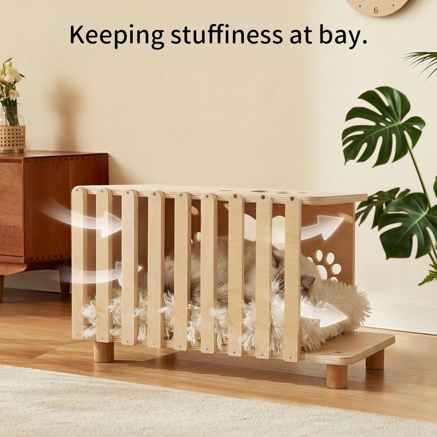 4-In-1 Wooden Cat House, Breathable Cat Cave with Washable Cushion Cat Beds for Indoor Cats