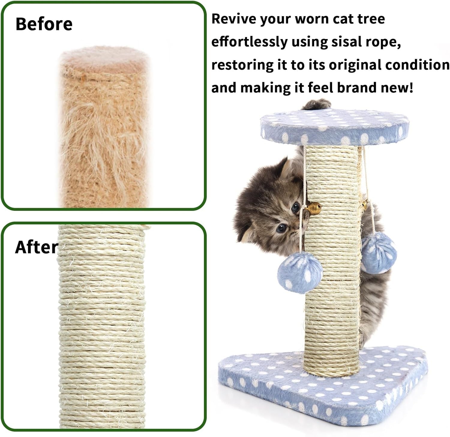 Cat Sisal Rope 164-Feet 4Mm for Scratcher Repair and Replace Scratching Post, DIY Hemp Twine Rope for Cat Tree Tower Carpet Mat Kicker House, Pet Toy, and Crafts Gardening Home Decorating