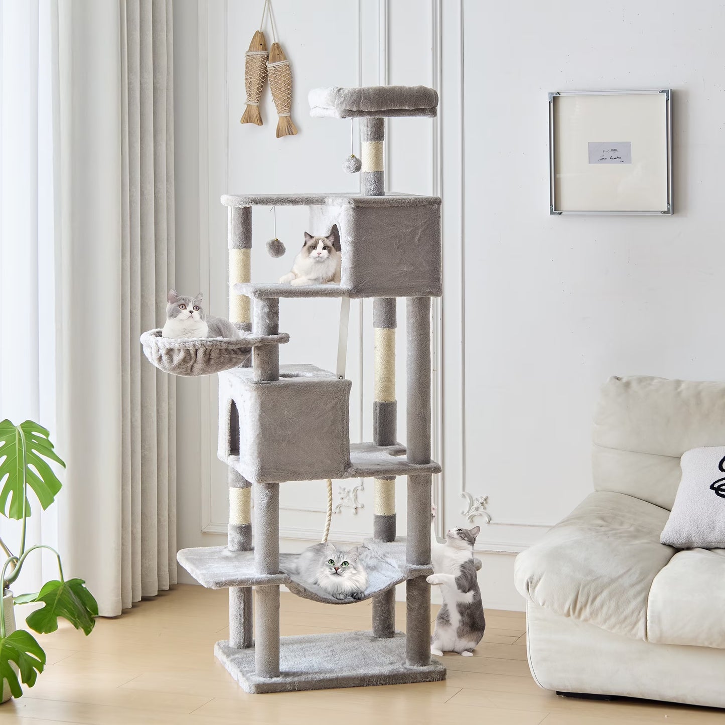 66" Cat Tree Multi Level Luxury Tower with Scratching Post, 2 Large Condo, Rest Hammock, Light Grey