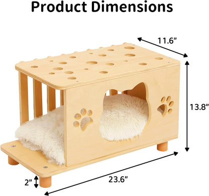 4-In-1 Wooden Cat House, Breathable Cat Cave with Washable Cushion Cat Beds for Indoor Cats