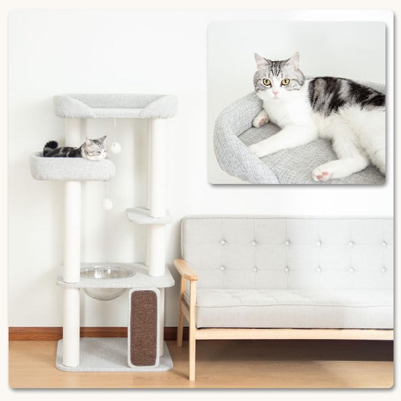 Mordern Cat Tree Tower 53'', Freestanding, Cushioned Bed, Large Base, for Multiple Cats, Compact,Winter and Summer Use, Summer Mat Included, for Large Cats (Light Gray 135Cm)